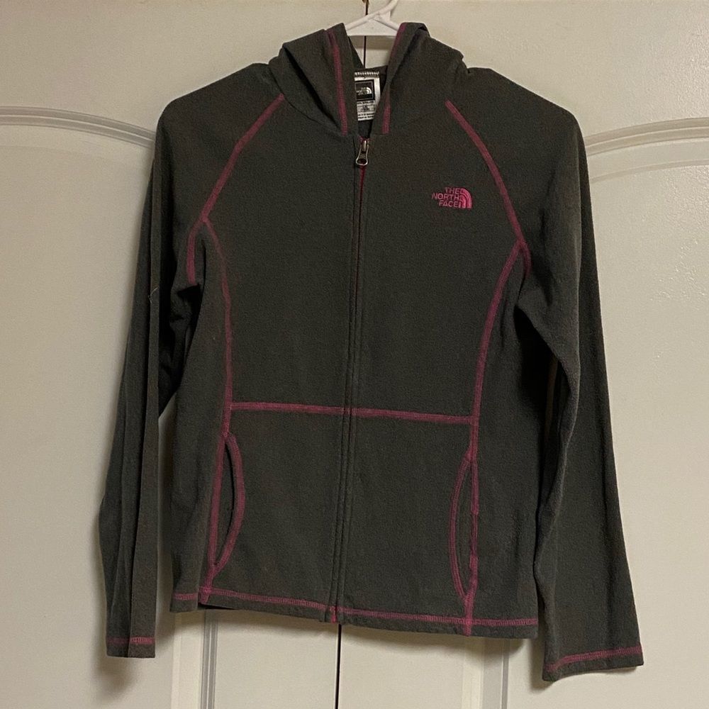 North Face gray pink full zip fleece hoodie jacket 14 16 XL